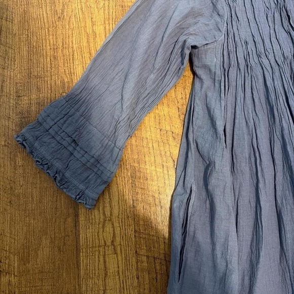 JP and Mattie Blue Grey Crinkle Cotton Gauze Pintuck Pleated Tunic Dress Pocket - Picture 3 of 4